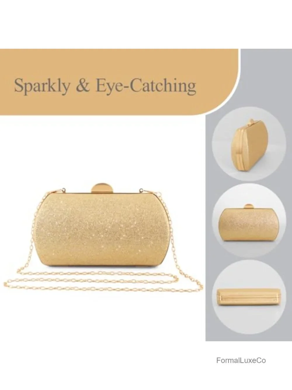 Sparkly Glitter Evening Clutch with Detachable Chain Strap - Hard Case Party Bag